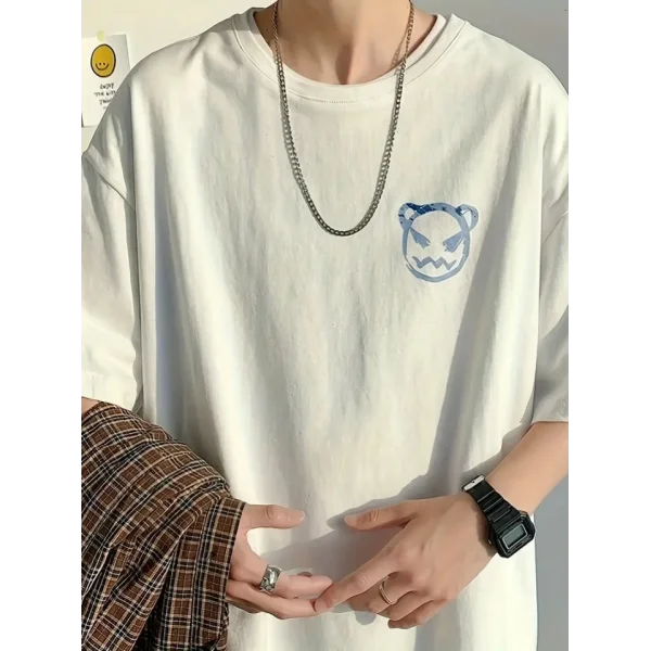 Baskılı Oversize Bisiklet Yaka T-shirt - Beyaz