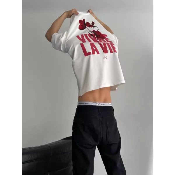 Baskılı Oversize Bisiklet Yaka T-shirt - Beyaz