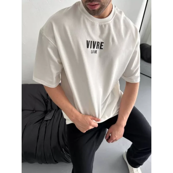 Baskılı Oversize Bisiklet Yaka T-shirt - Beyaz