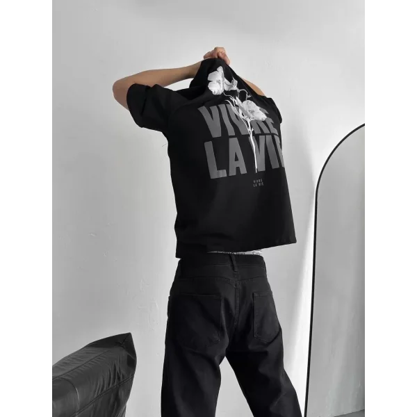 Baskılı Oversize Bisiklet Yaka T-shirt - Siyah