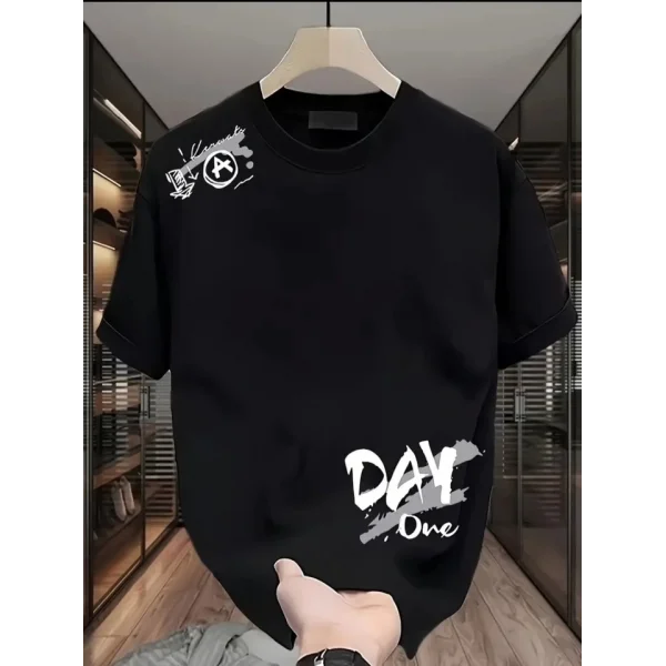 Baskılı Oversize Bisiklet Yaka T-shirt - Siyah