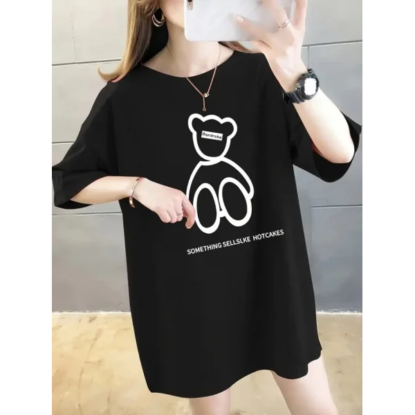 Baskılı Oversize Bisiklet Yaka T-shirt - Siyah