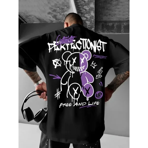 Baskılı Oversize Bisiklet Yaka T-shirt - Siyah