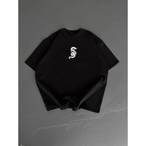 Baskılı Oversize Bisiklet Yaka T-shirt - Siyah