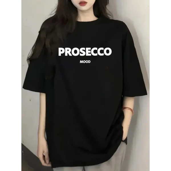 Baskılı Oversize Bisiklet Yaka T-shirt - Siyah