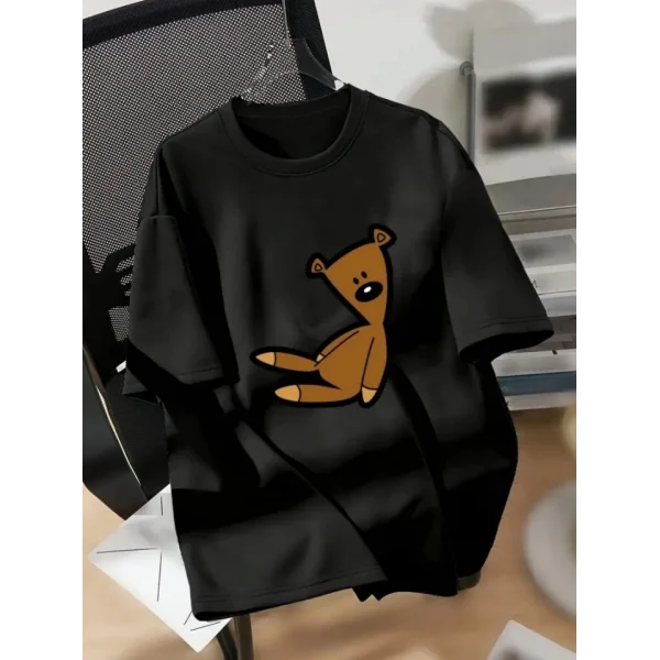 Baskılı Oversize Bisiklet Yaka T-shirt - Siyah