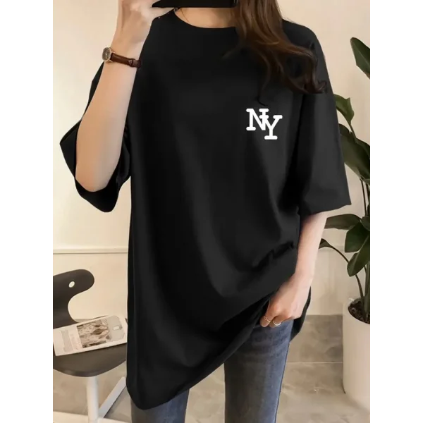 Baskılı Oversize Bisiklet Yaka T-shirt - Siyah