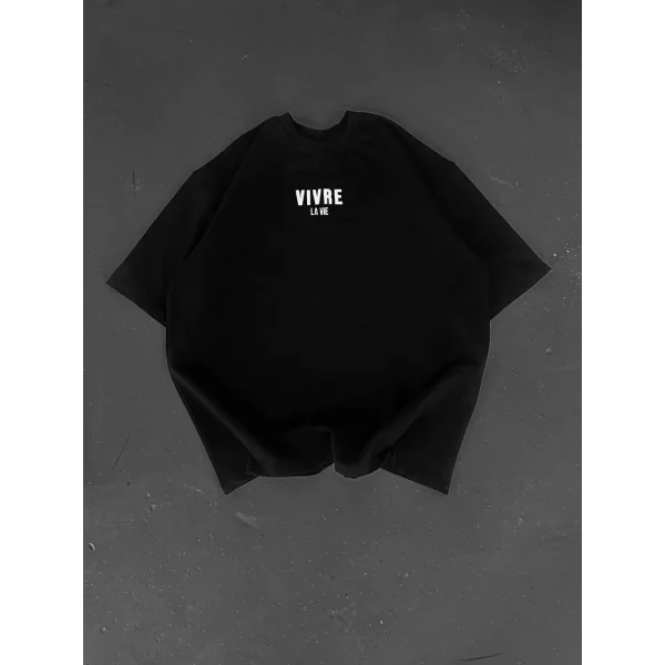 Baskılı Oversize Bisiklet Yaka T-shirt - Siyah