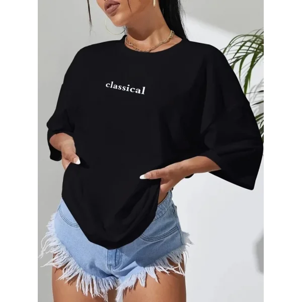 Baskılı Oversize Bisiklet Yaka T-shirt - Siyah