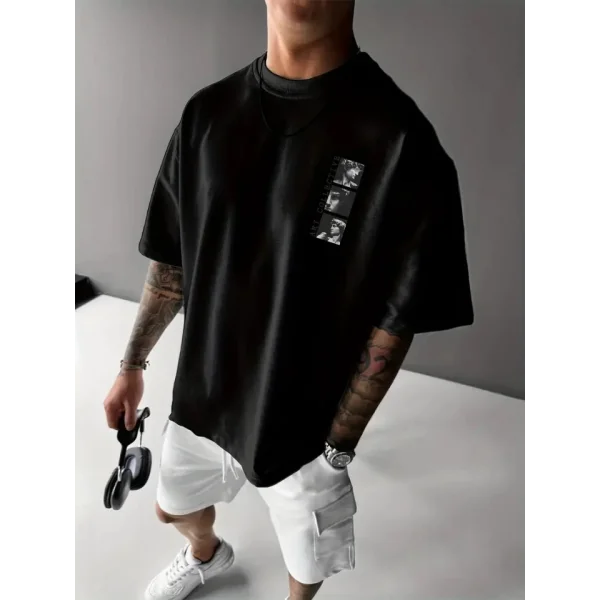 Baskılı Oversize Bisiklet Yaka T-shirt - Siyah