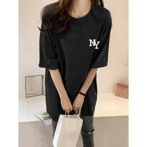 Baskılı Oversize Bisiklet Yaka T-shirt - Siyah