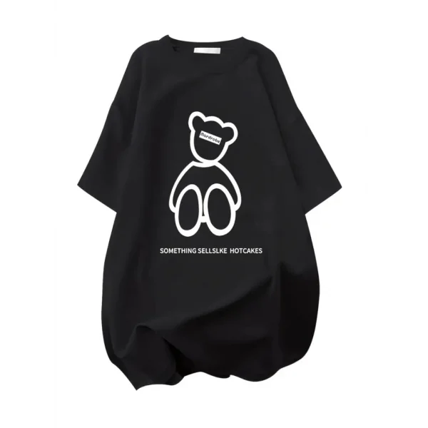 Baskılı Oversize Bisiklet Yaka T-shirt - Siyah