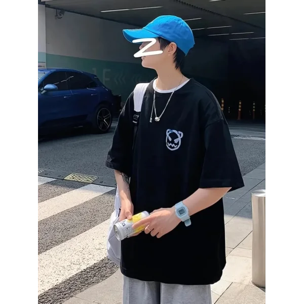 Baskılı Oversize Bisiklet Yaka T-shirt - Siyah