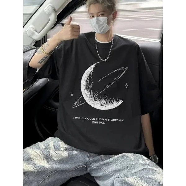 Baskılı Oversize Bisiklet Yaka T-shirt - Siyah