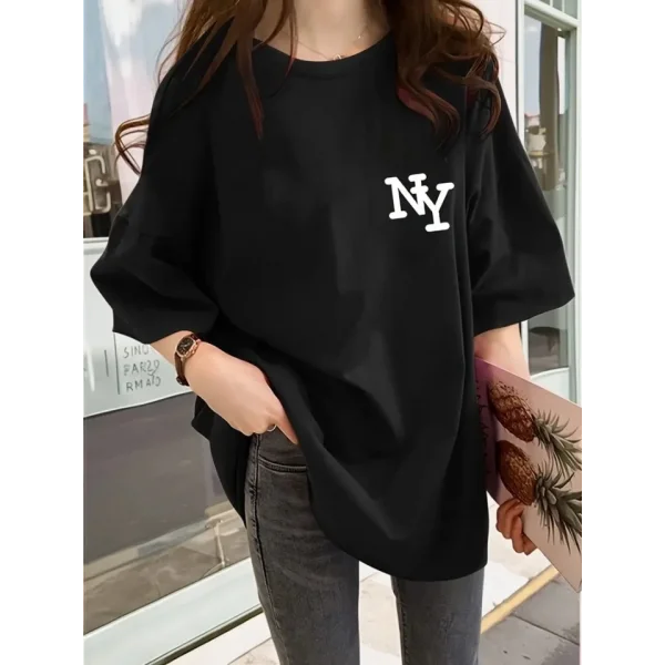 Baskılı Oversize Bisiklet Yaka T-shirt - Siyah