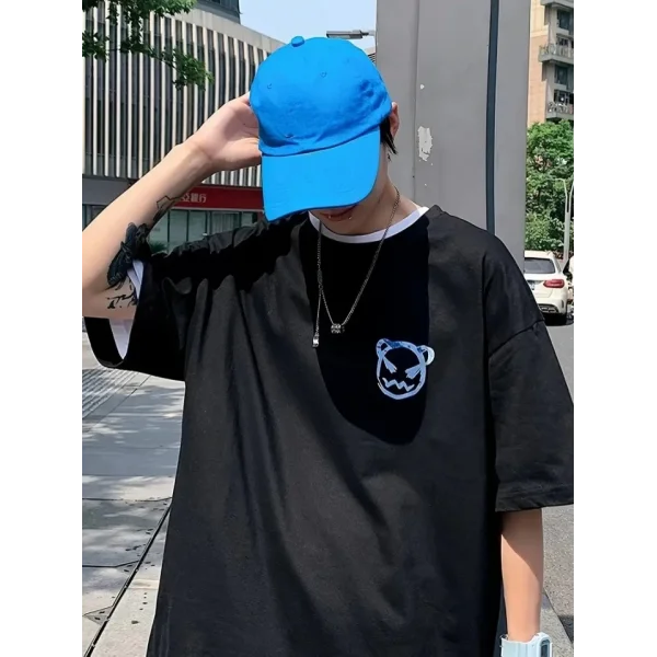 Baskılı Oversize Bisiklet Yaka T-shirt - Siyah