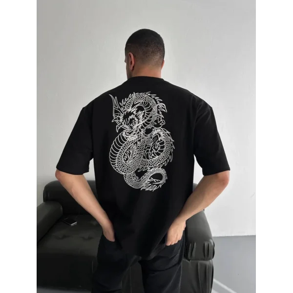 Baskılı Oversize Bisiklet Yaka T-shirt - Siyah