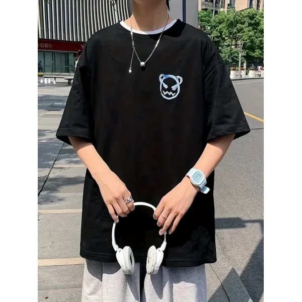 Baskılı Oversize Bisiklet Yaka T-shirt - Siyah