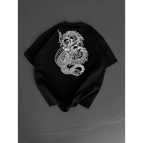 Baskılı Oversize Bisiklet Yaka T-shirt - Siyah