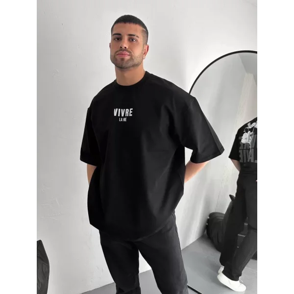 Baskılı Oversize Bisiklet Yaka T-shirt - Siyah