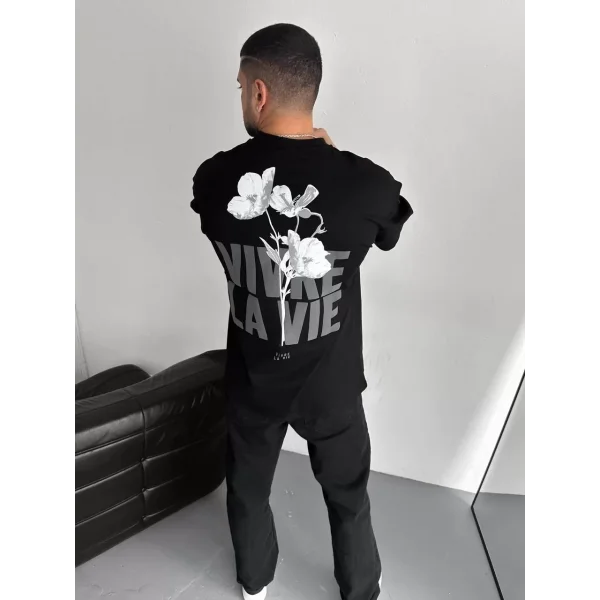 Baskılı Oversize Bisiklet Yaka T-shirt - Siyah