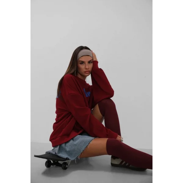 Baskılı Sıfır Yaka Oversize Sweatshirt