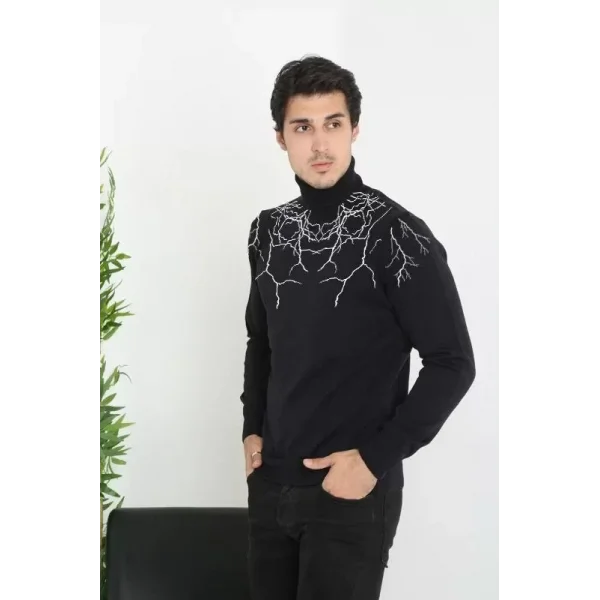 Baskılı Tam Boğaazlı Uzun Kol Dokuma Triko - Siyah