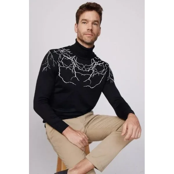 Baskılı Tam Boğaazlı Uzun Kol Dokuma Triko - Siyah