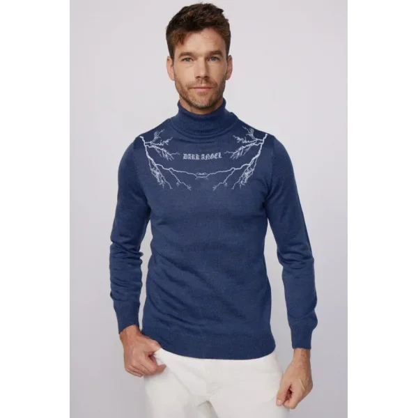 Baskılı Tam Boğazlı Uzun Kol Dokuma Triko - Indigo