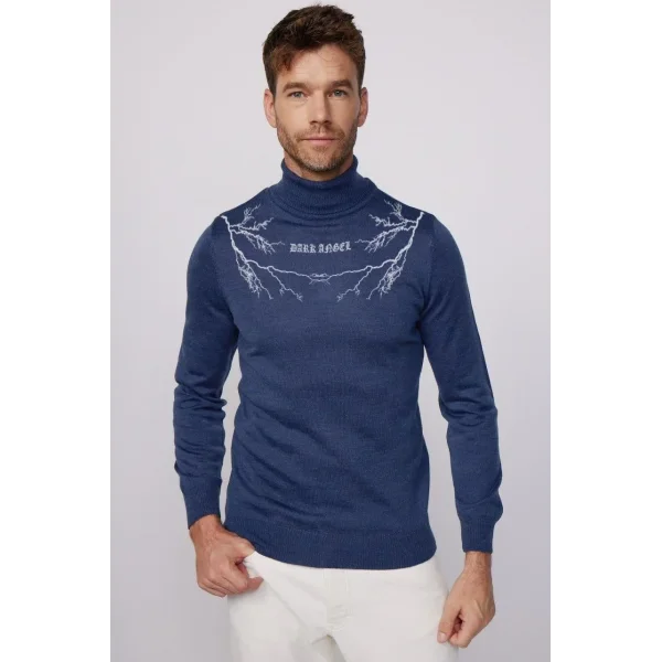 Baskılı Tam Boğazlı Uzun Kol Dokuma Triko - Indigo