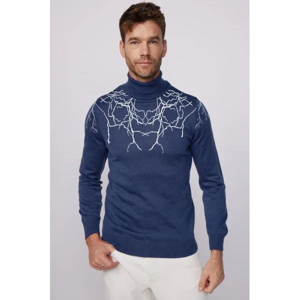 Baskılı Tam Boğazlı Uzun Kol Dokuma Triko - Indigo