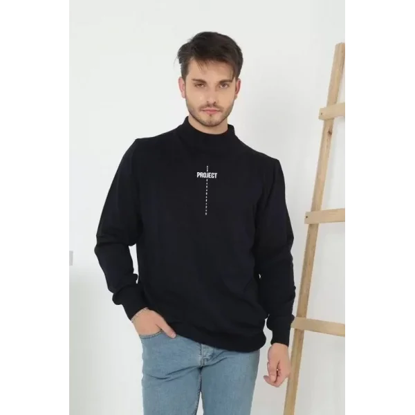 Baskılı Tam Boğazlı Uzun Kol Dokuma Triko - Siyah