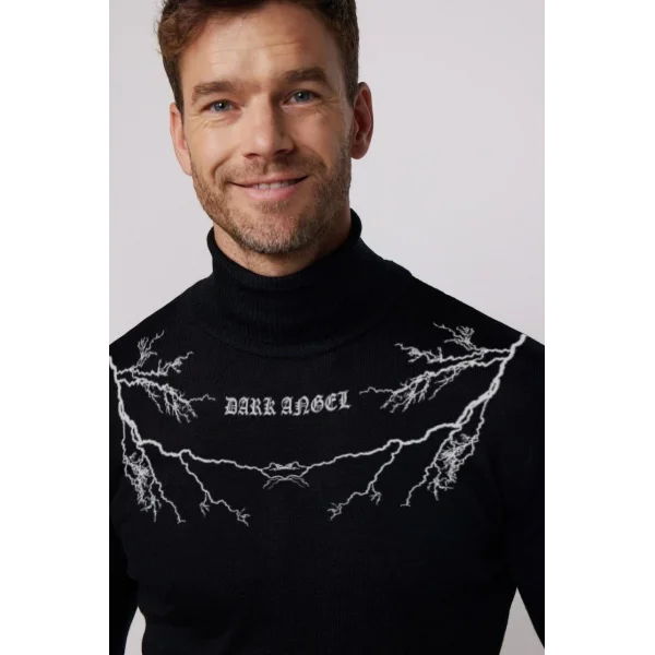 Baskılı Tam Boğazlı Uzun Kol Dokuma Triko - Siyah