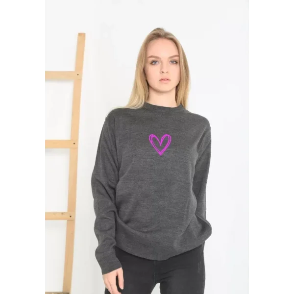 Baskılı Uzun Kol Bisiklet Yaka Dokuma Triko  Füme