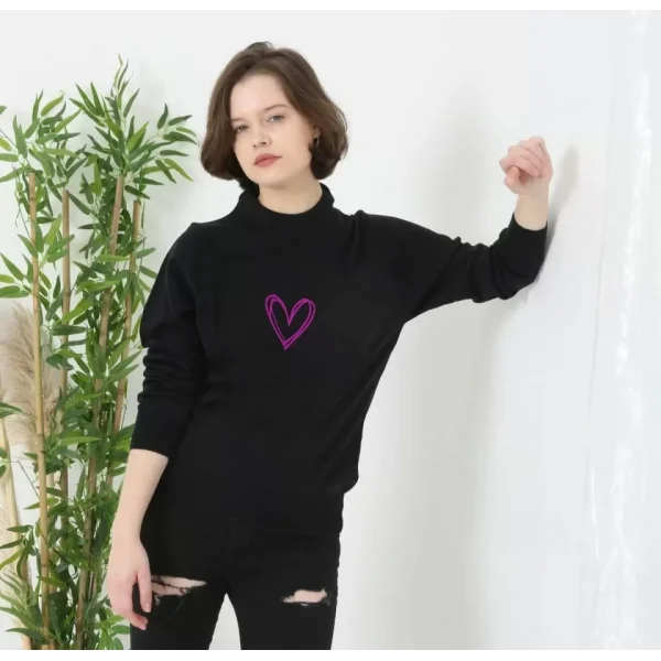 Baskılı Uzun Kol Bisiklet Yaka Dokuma Triko  Siyah