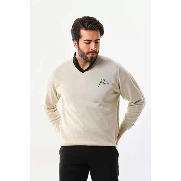 Baskılı V Yaka Uzun Kol Dokuma Triko - Bej