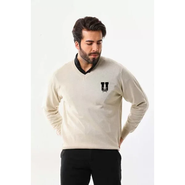 Baskılı V Yaka Uzun Kol Dokuma Triko - Bej