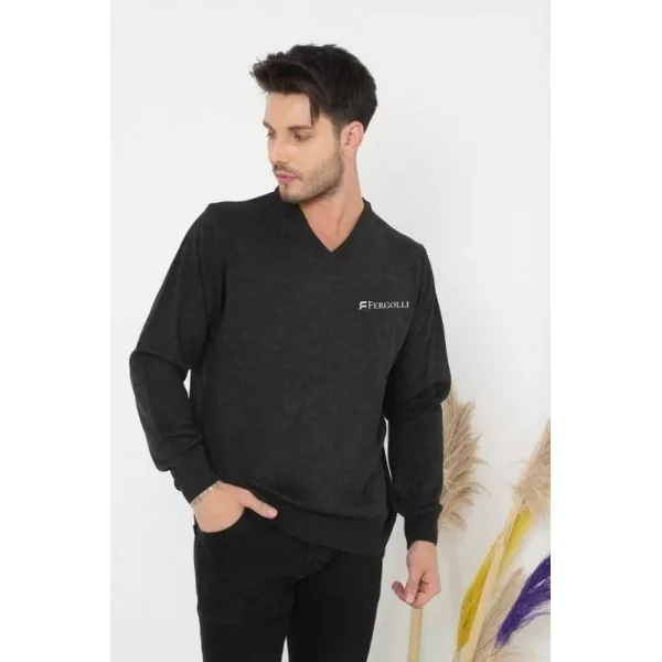 Baskılı V Yaka Uzun Kol Dokuma Triko - Füme