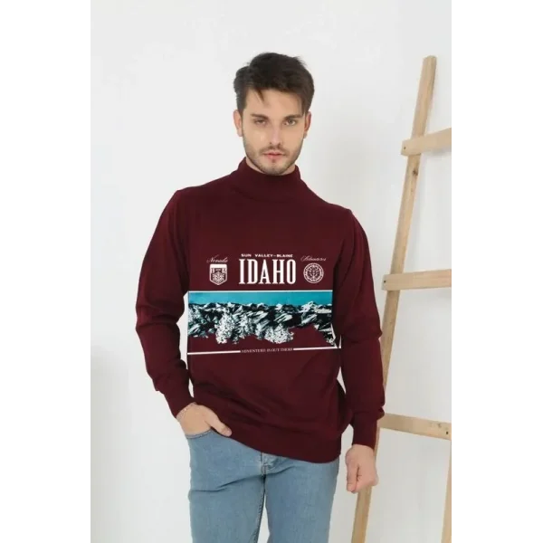 Baskılı Yarım Boğazlı Uzun Kol Dokuma Triko - Bordo