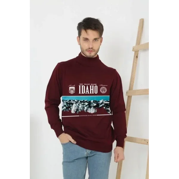 Baskılı Yarım Boğazlı Uzun Kol Dokuma Triko - Bordo