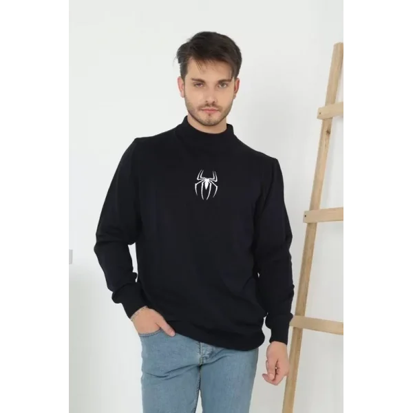 Baskılı Yarım Boğazlı Uzun Kol Dokuma Triko - Siyah