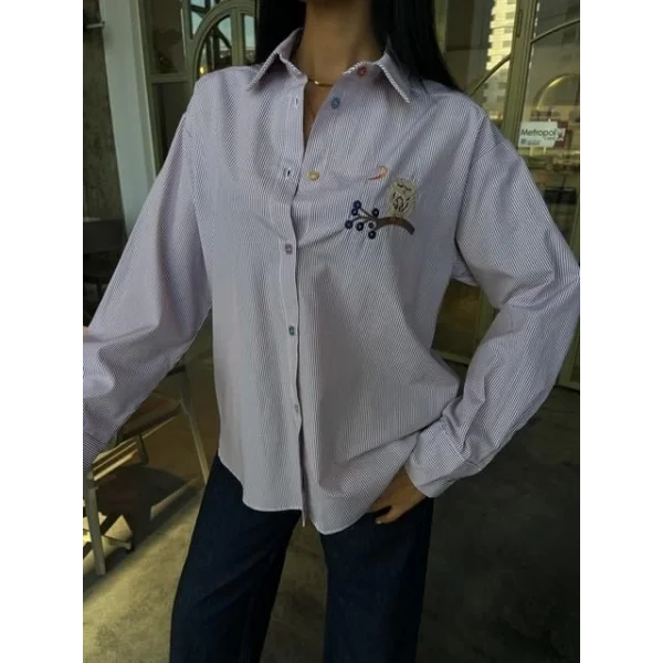 Baykuş Nakışlı Renkli Düğmeli Çizgili Kazak 3461