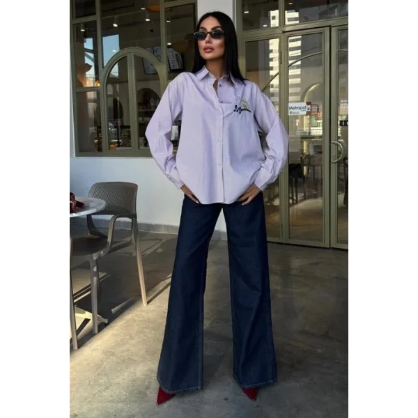 Baykuş Nakışlı Renkli Düğmeli Çizgili Kazak 3461