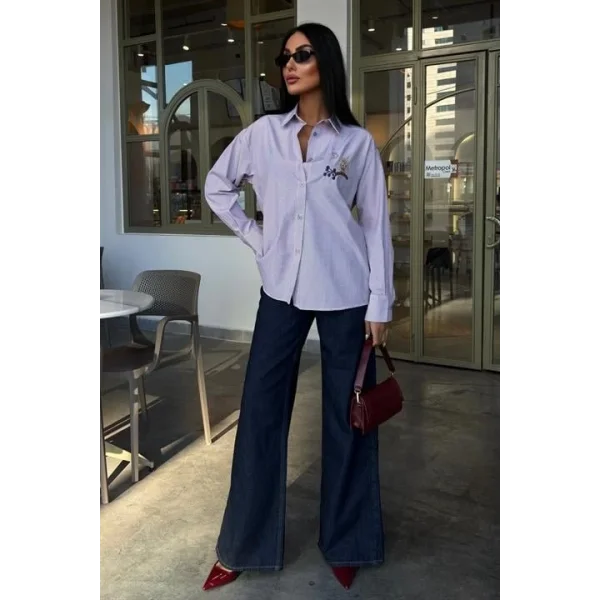 Baykuş Nakışlı Renkli Düğmeli Çizgili Kazak 3461