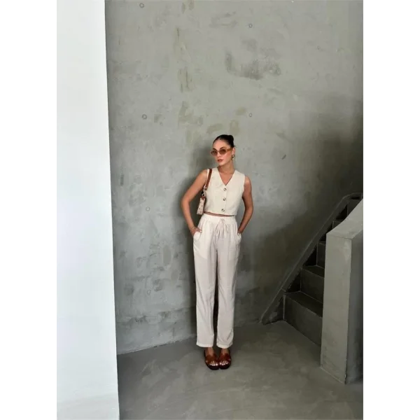 BE ATİK DETAYI ODA KUAŞ PANTOON  Bej