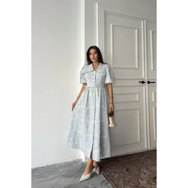 Bebe Mavi Bebe Yaka Balon Kollu Elbise