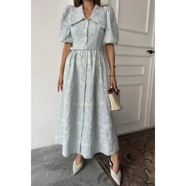 Bebe Mavi Bebe Yaka Balon Kollu Elbise