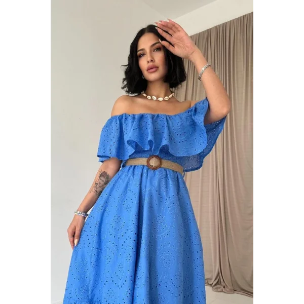 Bebe Mavi Omzu Lastikli Brode Elbise