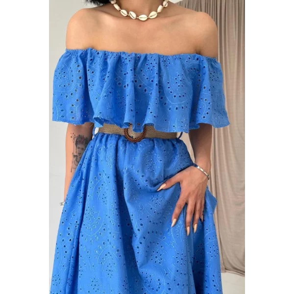 Bebe Mavi Omzu Lastikli Brode Elbise