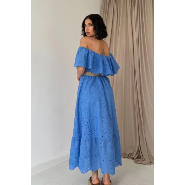 Bebe Mavi Omzu Lastikli Brode Elbise